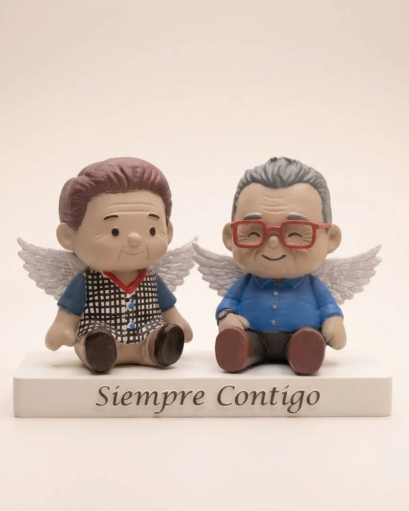 Dos avis amb ales d'àngel sobre una base gravada «Siempre Contigo»